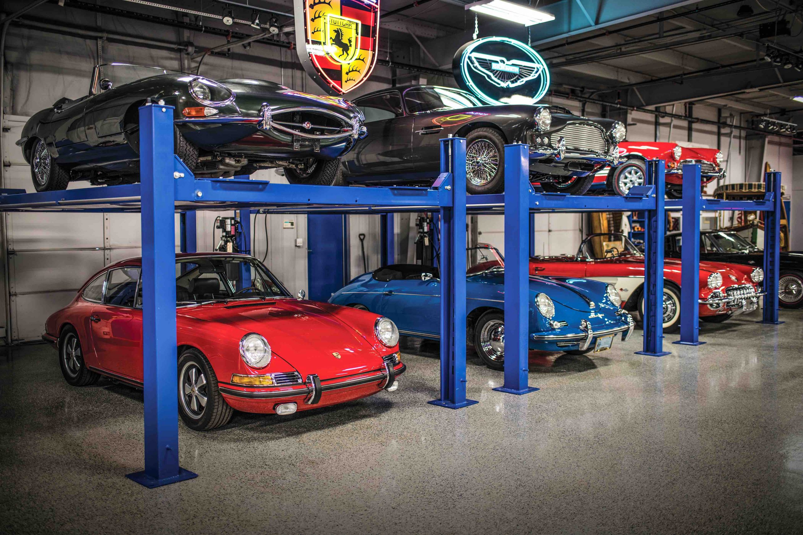 Classic cars inside a storage facility